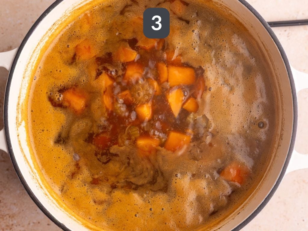 Vegan Harvest Vegetable Soup Step 3 - add the broth and potatoes and bring to a boil.