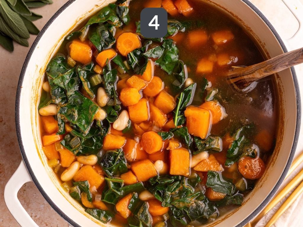 Vegan Harvest Vegetable Soup Step 4 - add the beans and kale.