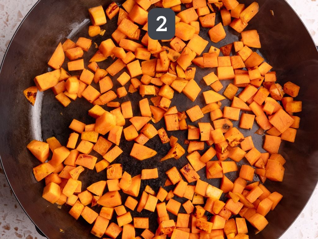 Vegan sweet potato baked orzo step 1 - sauté the sweet potato.