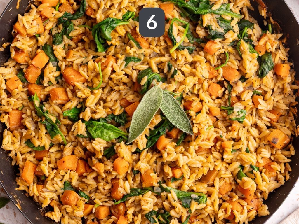 Vegan sweet potato baked orzo step 6 - stir in the spinach and wilt.