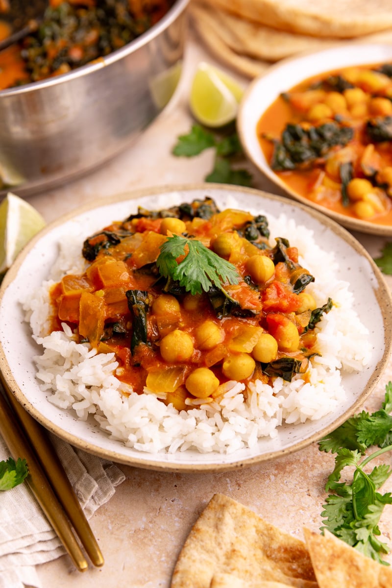 A bowl of vegan tomato curry, served over rice.
