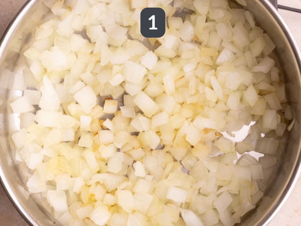 Vegan tomato curry step 1 - sauté the onion.