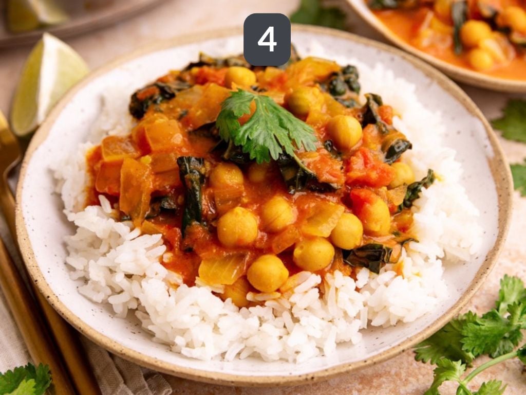 Vegan tomato curry step 4 - serve over rice.